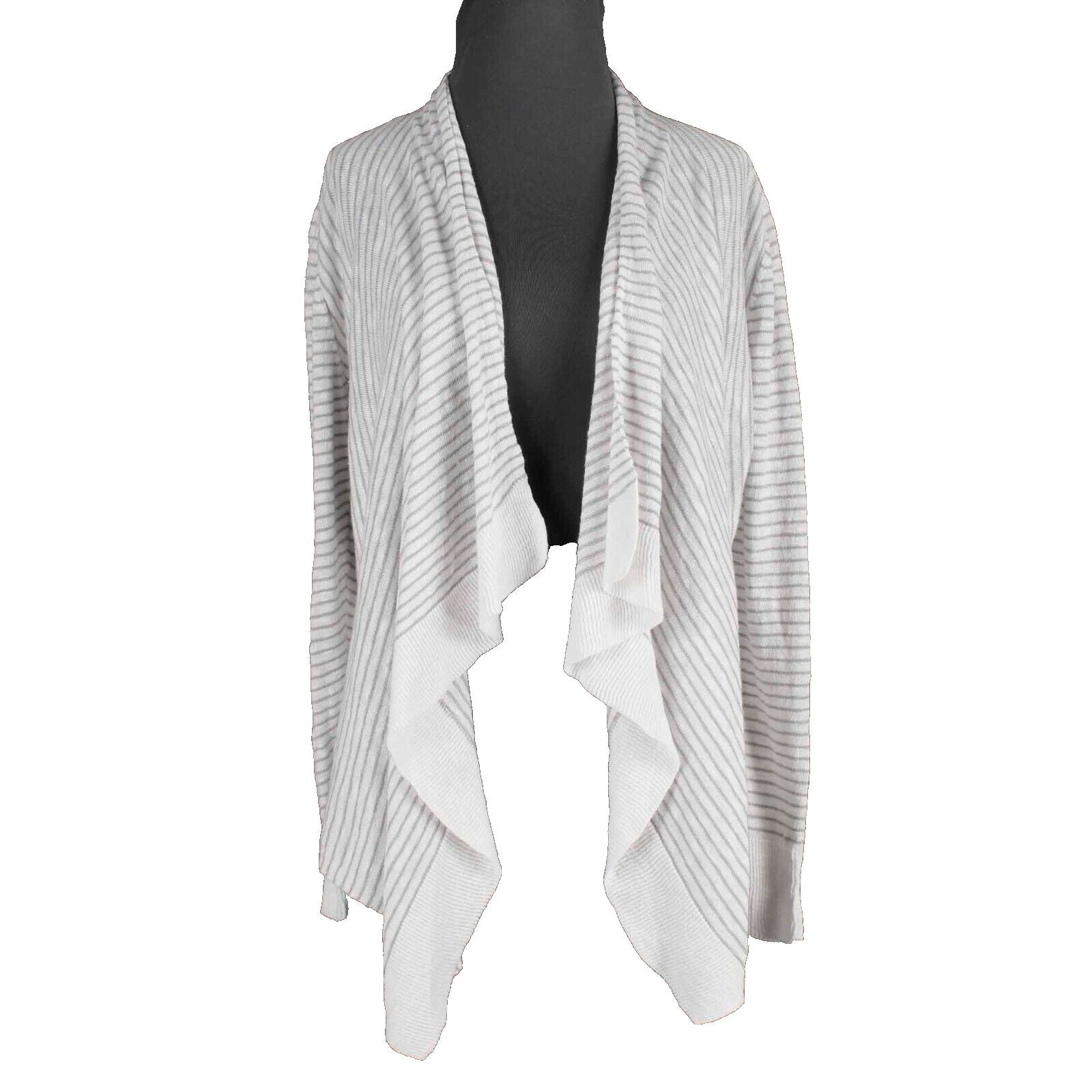 Eileen Fisher Sz S White Gray Striped Long Sleeve Linen Cotton Cardigan Wrap