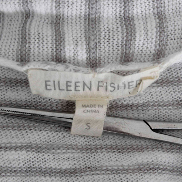 Eileen Fisher Sz S White Gray Striped Long Sleeve Linen Cotton Cardigan Wrap
