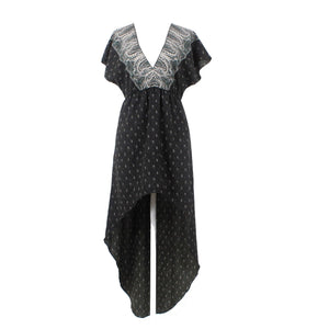 Ecote New $79 Sz S Black Multi Hi Lo Elastic Waist Drop Shoulder Poly Dress