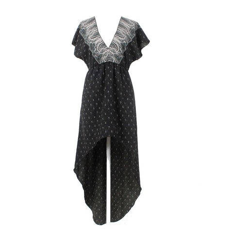 Ecote New $79 Sz S Black Multi Hi Lo Elastic Waist Drop Shoulder Poly Dress