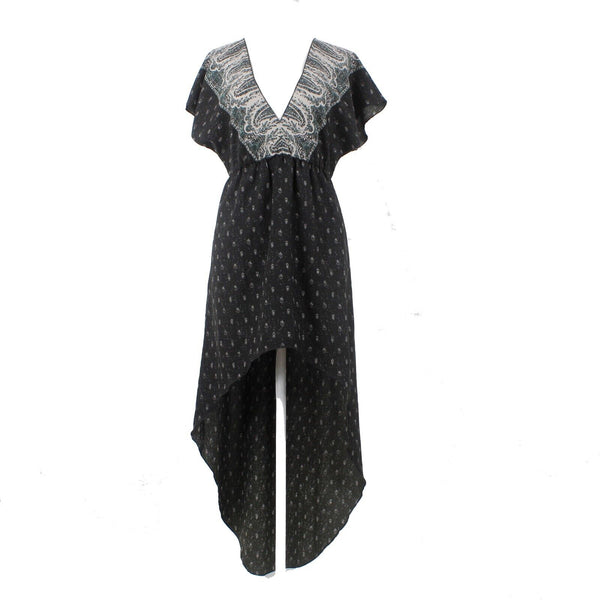 Ecote New $79 Sz S Black Multi Hi Lo Elastic Waist Drop Shoulder Poly Dress