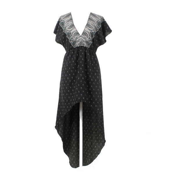 Ecote New $79 Sz S Black Multi Hi Lo Elastic Waist Drop Shoulder Poly Dress