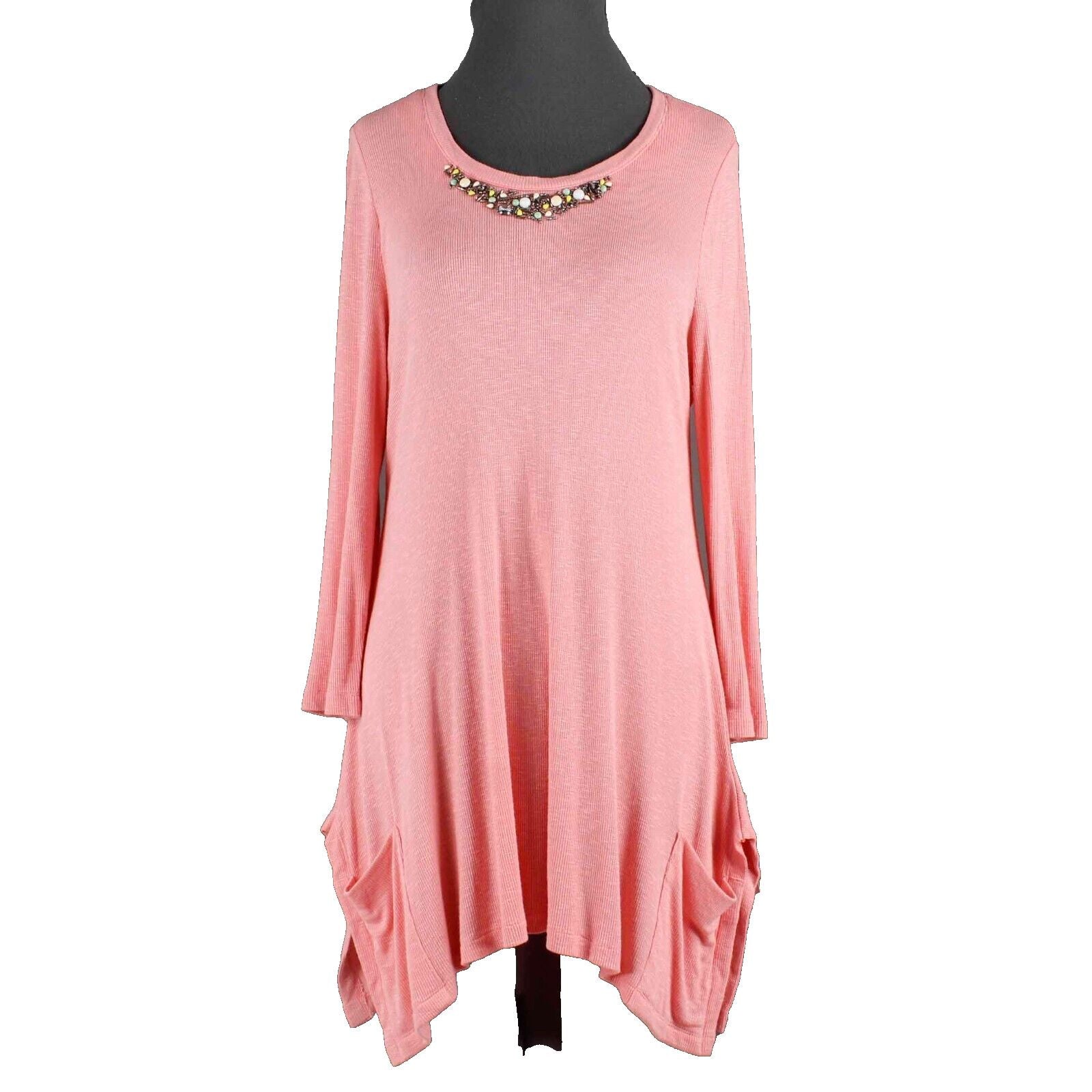 Cass NEW $49 Sz M Peach Jeweled Neck Asymmetric Pockets Rayon Blend Knit Top