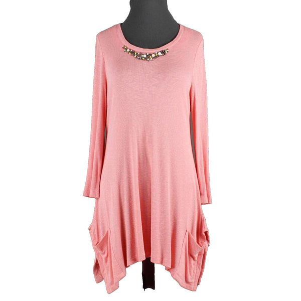 Cass NEW $49 Sz M Peach Jeweled Neck Asymmetric Pockets Rayon Blend Knit Top