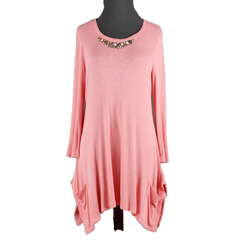 Cass NEW $49 Sz M Peach Jeweled Neck Asymmetric Pockets Rayon Blend Knit Top