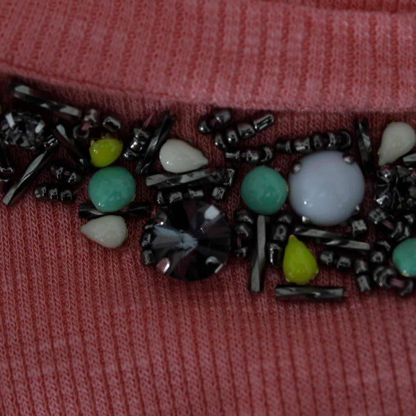 Cass NEW $49 Sz M Peach Jeweled Neck Asymmetric Pockets Rayon Blend Knit Top