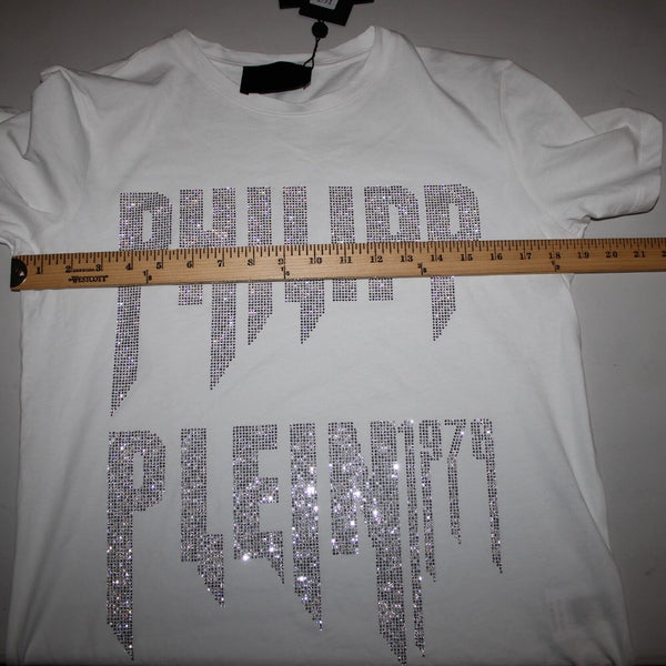 Phillipp Plein Couture NEW $640 Sz L White Rhinestones 100% Cotton Tee Shirt Top