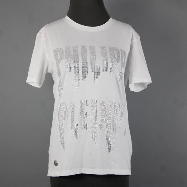 Phillipp Plein Couture NEW $640 Sz L White Rhinestones 100% Cotton Tee Shirt Top