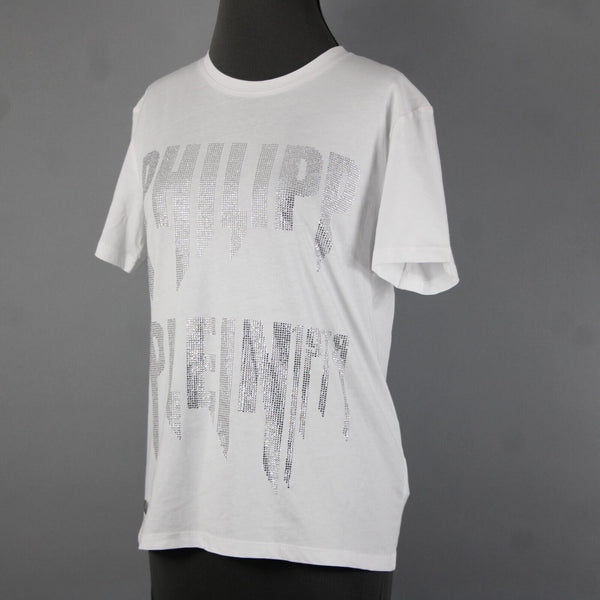 Phillipp Plein Couture NEW $640 Sz L White Rhinestones 100% Cotton Tee Shirt Top