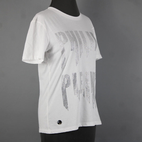 Phillipp Plein Couture NEW $640 Sz L White Rhinestones 100% Cotton Tee Shirt Top