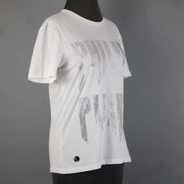 Phillipp Plein Couture NEW $640 Sz L White Rhinestones 100% Cotton Tee Shirt Top