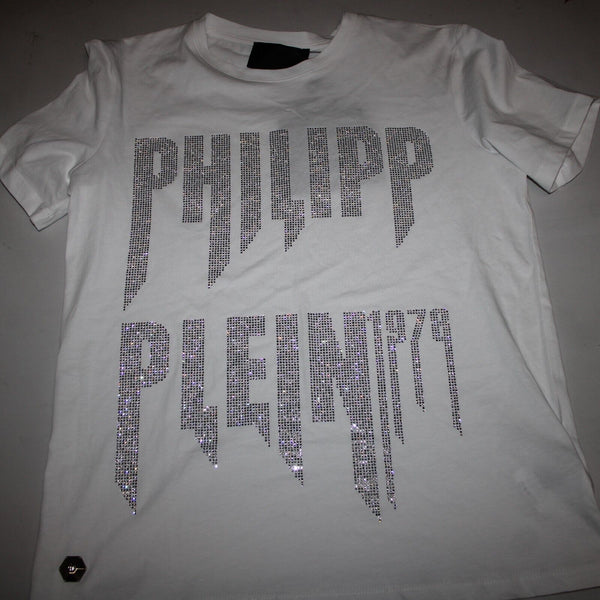 Phillipp Plein Couture NEW $640 Sz L White Rhinestones 100% Cotton Tee Shirt Top