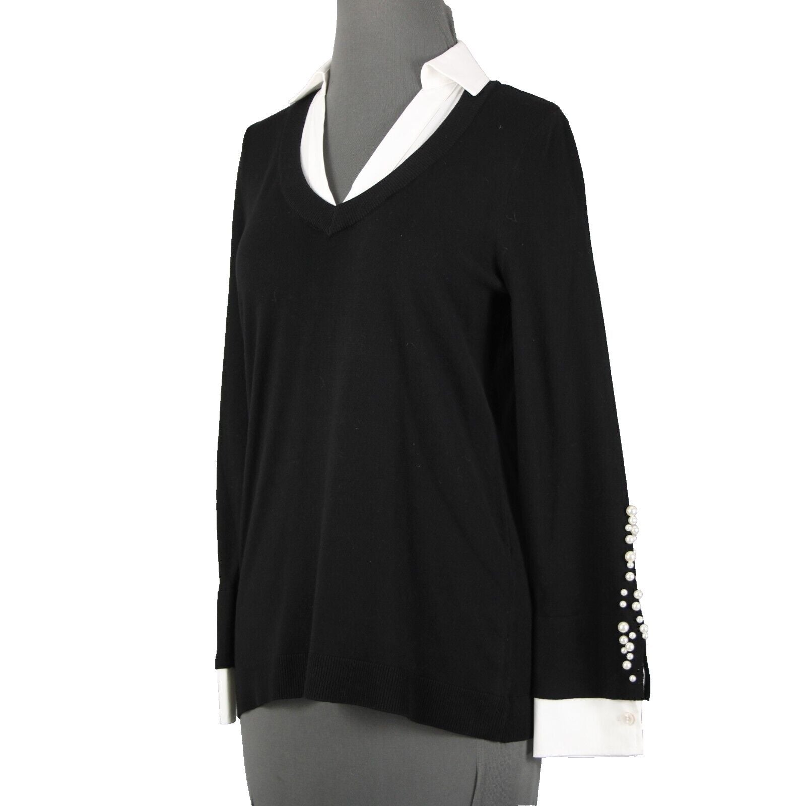 Chicos Sz S Black White Beaded Collared V Neck Cotton Polyester Rayon Sweater
