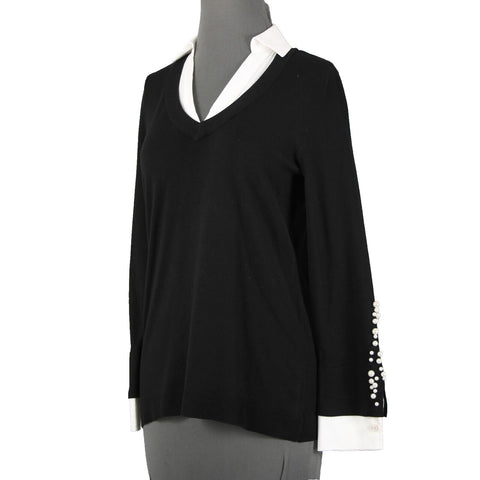 Chicos Sz S Black White Beaded Collared V Neck Cotton Polyester Rayon Sweater