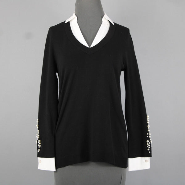 Chicos Sz S Black White Beaded Collared V Neck Cotton Polyester Rayon Sweater