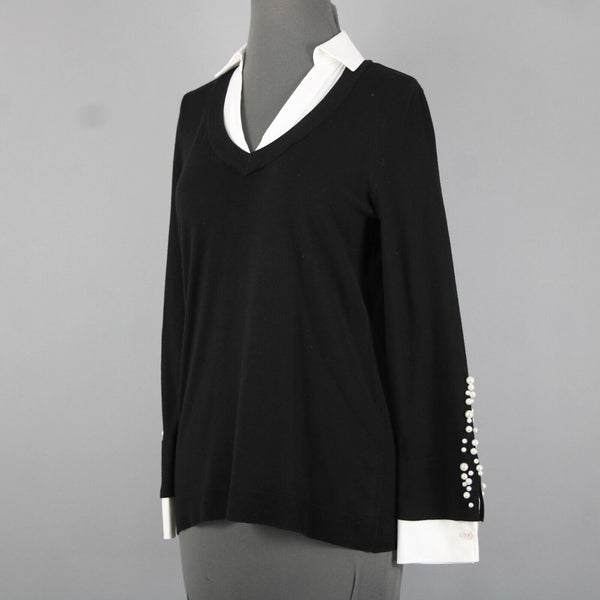 Chicos Sz S Black White Beaded Collared V Neck Cotton Polyester Rayon Sweater