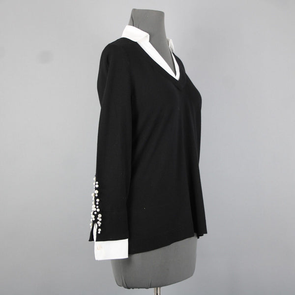 Chicos Sz S Black White Beaded Collared V Neck Cotton Polyester Rayon Sweater