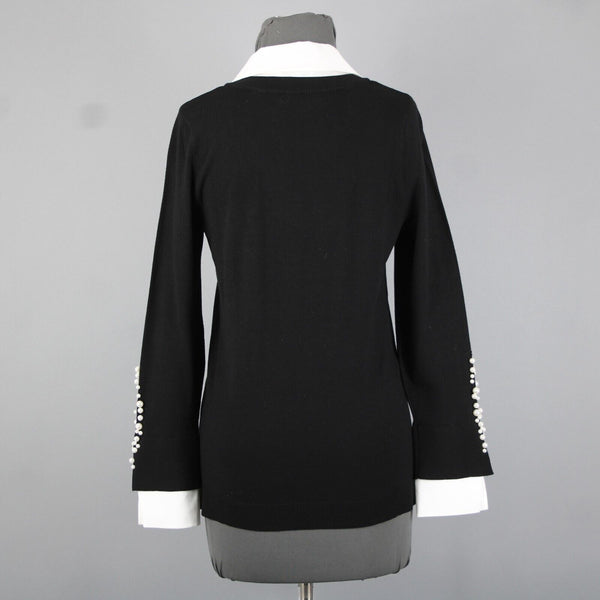 Chicos Sz S Black White Beaded Collared V Neck Cotton Polyester Rayon Sweater