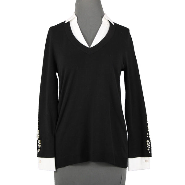 Chicos Sz S Black White Beaded Collared V Neck Cotton Polyester Rayon Sweater