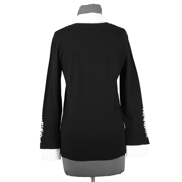 Chicos Sz S Black White Beaded Collared V Neck Cotton Polyester Rayon Sweater