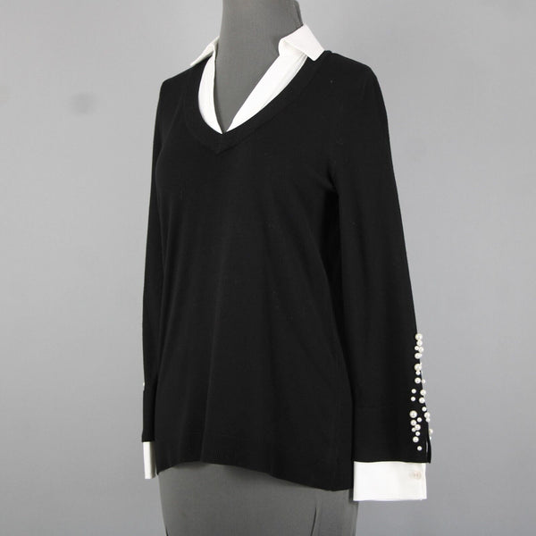 Chicos Sz S Black White Beaded Collared V Neck Cotton Polyester Rayon Sweater
