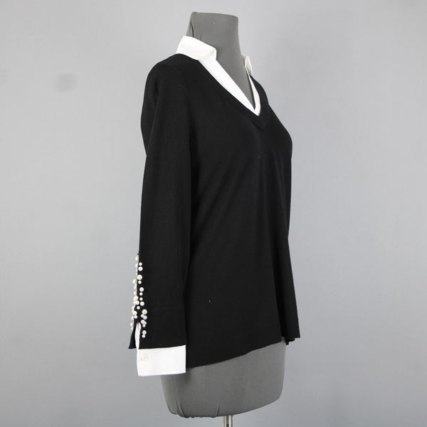 Chicos Sz S Black White Beaded Collared V Neck Cotton Polyester Rayon Sweater