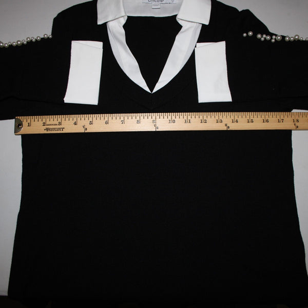 Chicos Sz S Black White Beaded Collared V Neck Cotton Polyester Rayon Sweater