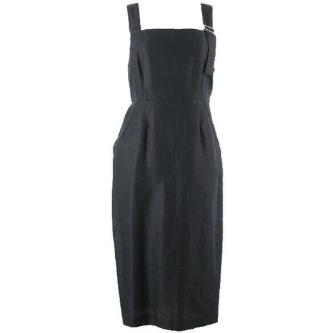 Avec Les Filles NEW $98 Sz 6 Solid Black Kick Pleat Fitted Linen Cotton Dress