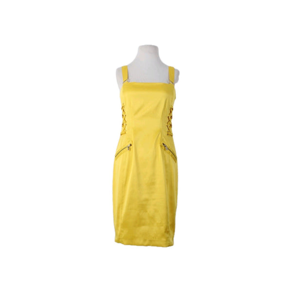 Cache Dress Sz 4 Yellow Faux Pockets Lace Up Side Poly Cotton Spandex Dress