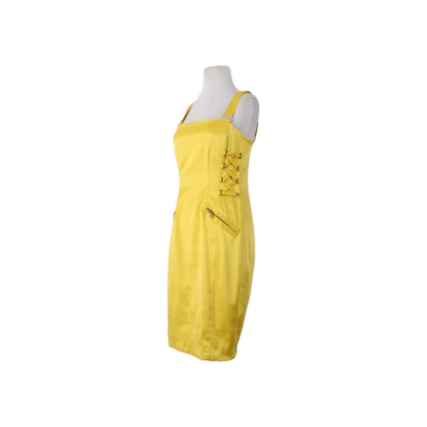 Cache Dress Sz 4 Yellow Faux Pockets Lace Up Side Poly Cotton Spandex Dress