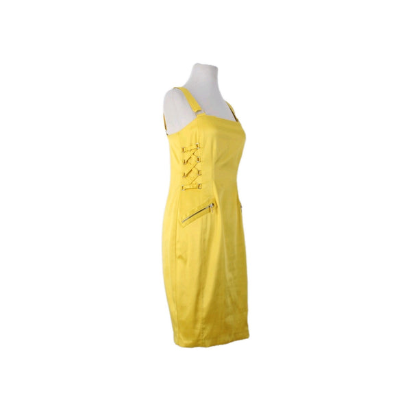 Cache Dress Sz 4 Yellow Faux Pockets Lace Up Side Poly Cotton Spandex Dress