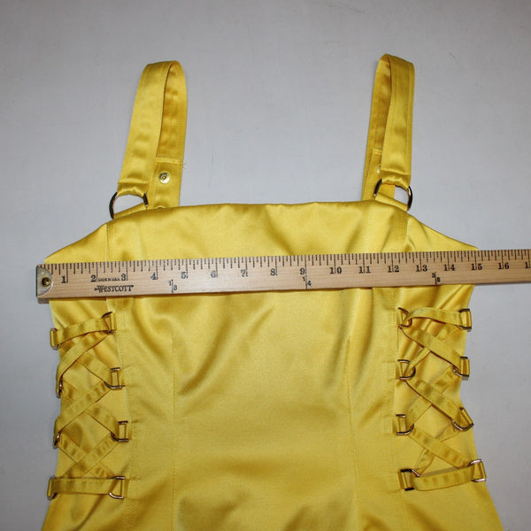 Cache Dress Sz 4 Yellow Faux Pockets Lace Up Side Poly Cotton Spandex Dress