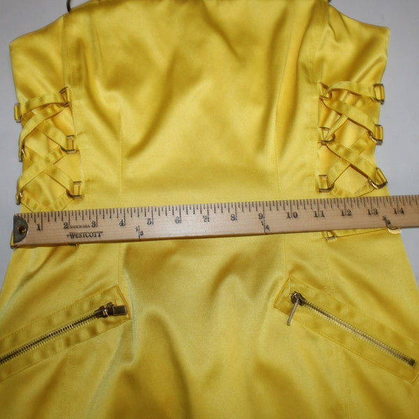 Cache Dress Sz 4 Yellow Faux Pockets Lace Up Side Poly Cotton Spandex Dress