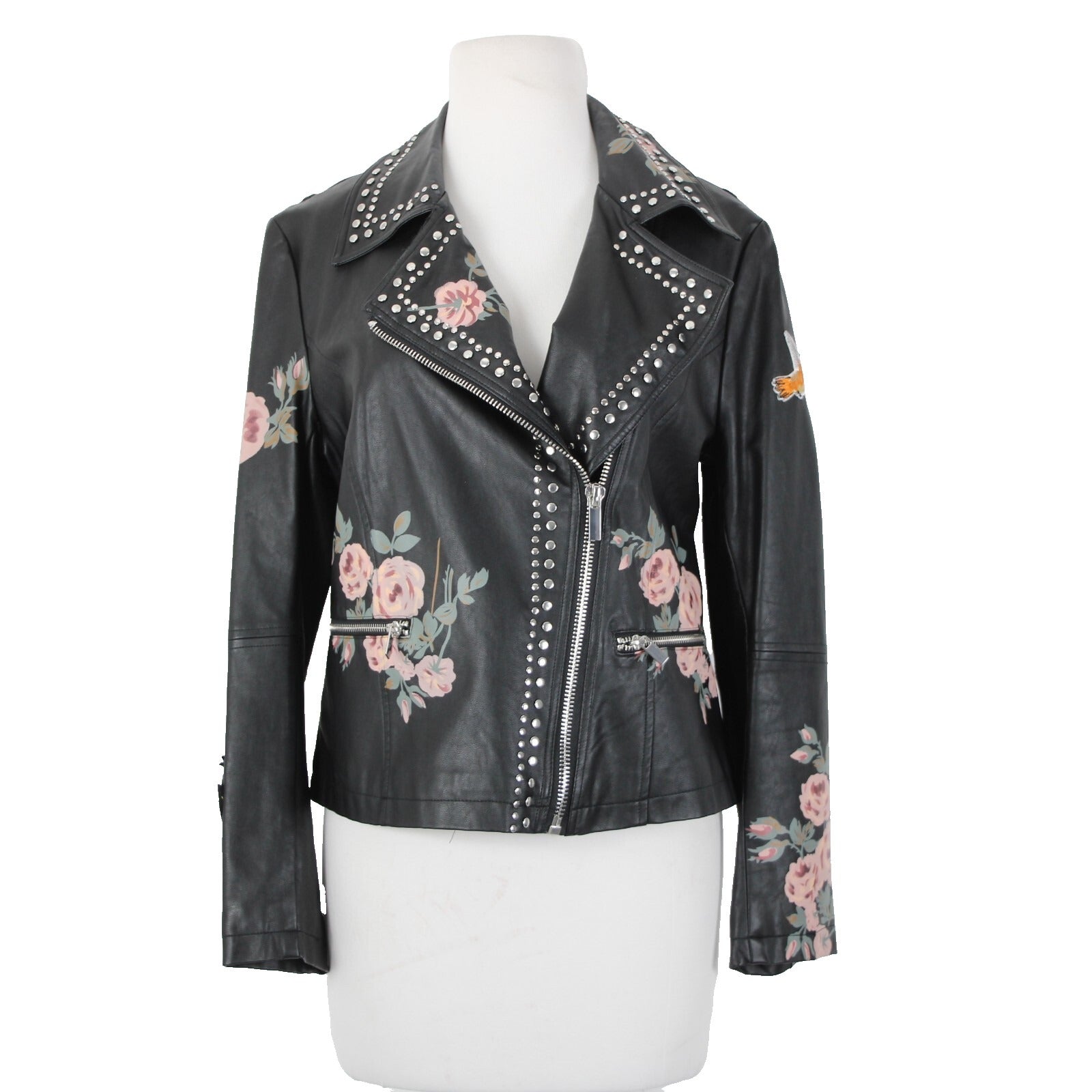 Bagatelle Sz S Black Pink Floral Stud Zipper Pockets Faux Leather Poly Jacket