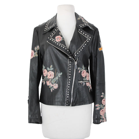 Bagatelle Sz S Black Pink Floral Stud Zipper Pockets Faux Leather Poly Jacket