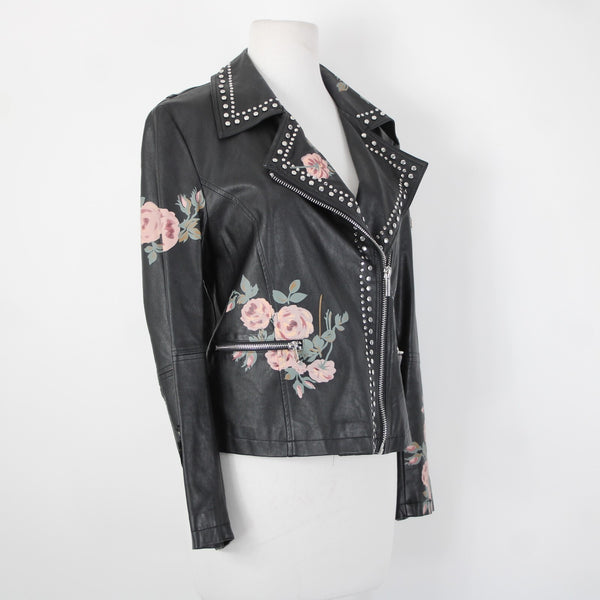 Bagatelle Sz S Black Pink Floral Stud Zipper Pockets Faux Leather Poly Jacket