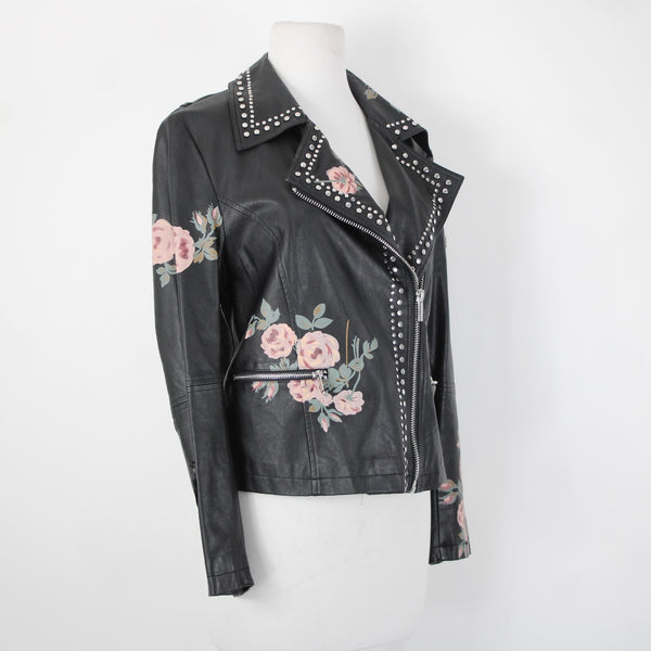 Bagatelle Sz S Black Pink Floral Stud Zipper Pockets Faux Leather Poly Jacket