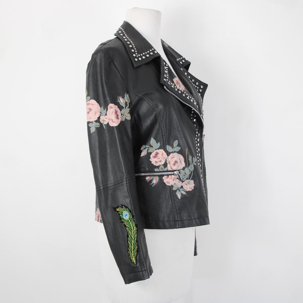 Bagatelle Sz S Black Pink Floral Stud Zipper Pockets Faux Leather Poly Jacket