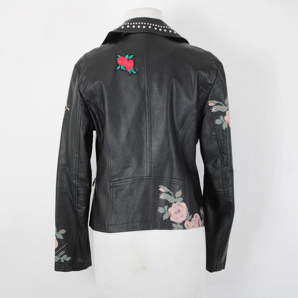 Bagatelle Sz S Black Pink Floral Stud Zipper Pockets Faux Leather Poly Jacket