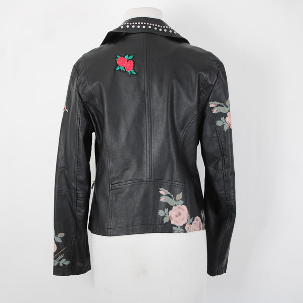 Bagatelle Sz S Black Pink Floral Stud Zipper Pockets Faux Leather Poly Jacket