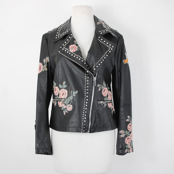 Bagatelle Sz S Black Pink Floral Stud Zipper Pockets Faux Leather Poly Jacket