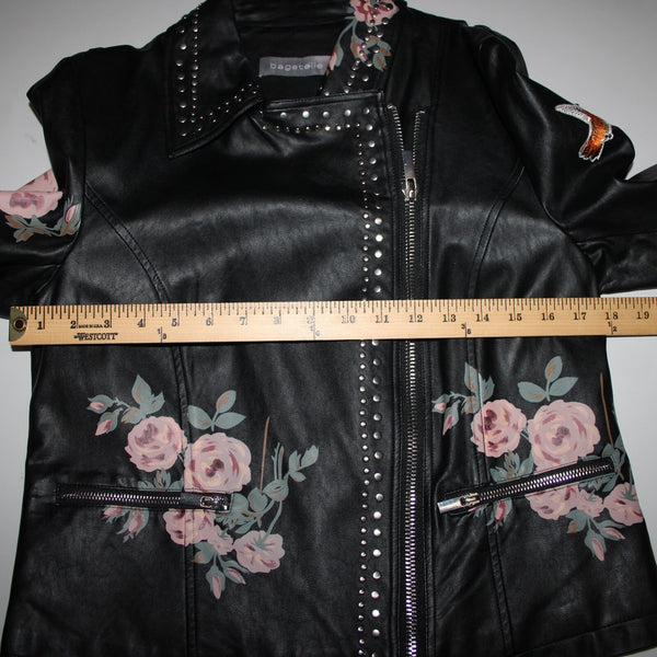 Bagatelle Sz S Black Pink Floral Stud Zipper Pockets Faux Leather Poly Jacket