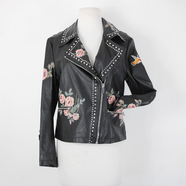 Bagatelle Sz S Black Pink Floral Stud Zipper Pockets Faux Leather Poly Jacket