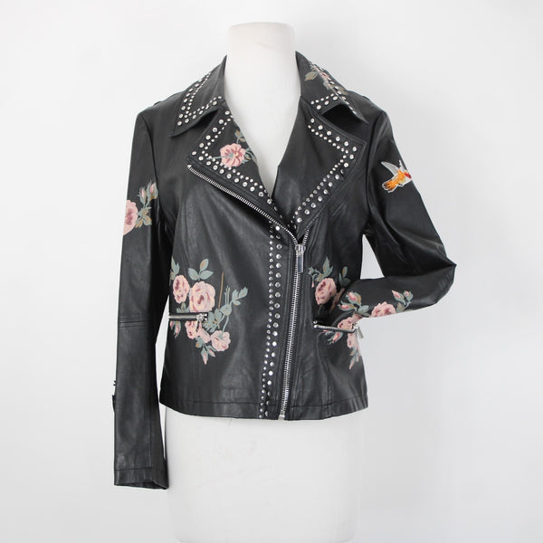 Bagatelle Sz S Black Pink Floral Stud Zipper Pockets Faux Leather Poly Jacket