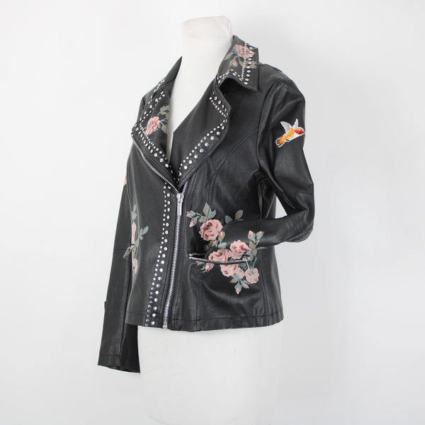 Bagatelle Sz S Black Pink Floral Stud Zipper Pockets Faux Leather Poly Jacket