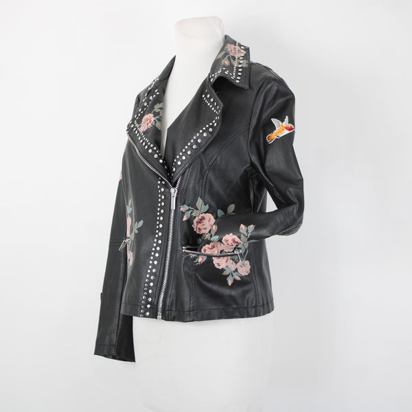 Bagatelle Sz S Black Pink Floral Stud Zipper Pockets Faux Leather Poly Jacket