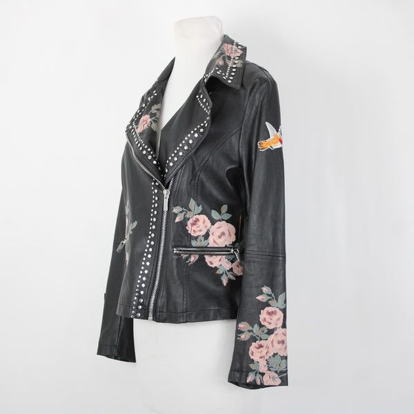 Bagatelle Sz S Black Pink Floral Stud Zipper Pockets Faux Leather Poly Jacket