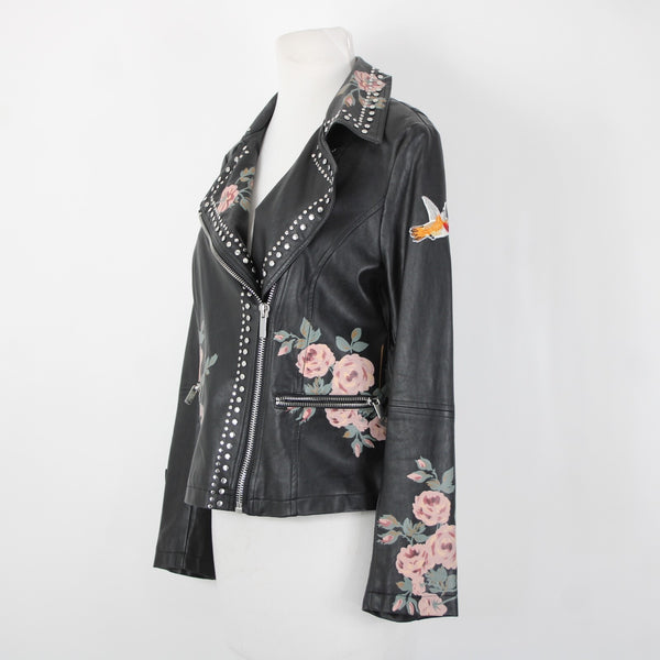 Bagatelle Sz S Black Pink Floral Stud Zipper Pockets Faux Leather Poly Jacket
