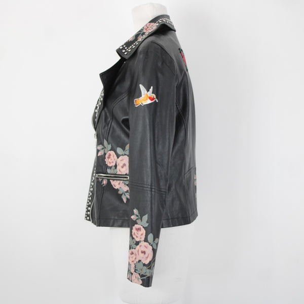 Bagatelle Sz S Black Pink Floral Stud Zipper Pockets Faux Leather Poly Jacket