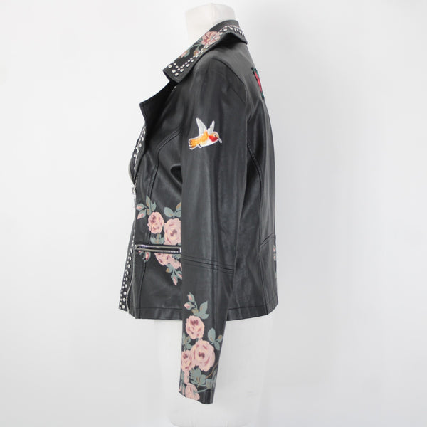 Bagatelle Sz S Black Pink Floral Stud Zipper Pockets Faux Leather Poly Jacket